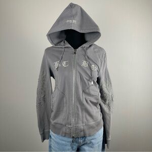 Vintage Y2K BCBG Studded Embroidered Grey Zip Hoodie Jacket Womens Size Large